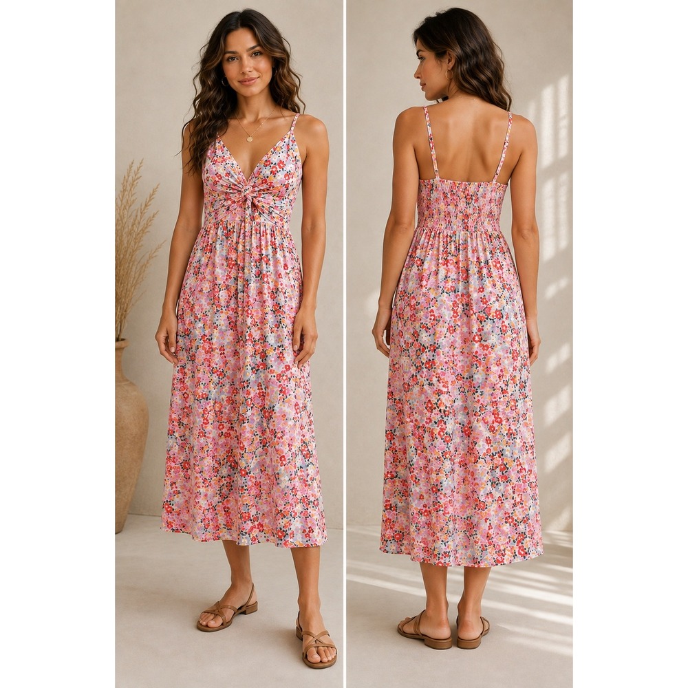 Angie Floral Twist Front Smocked Back Midi Dress Pink Multi Large